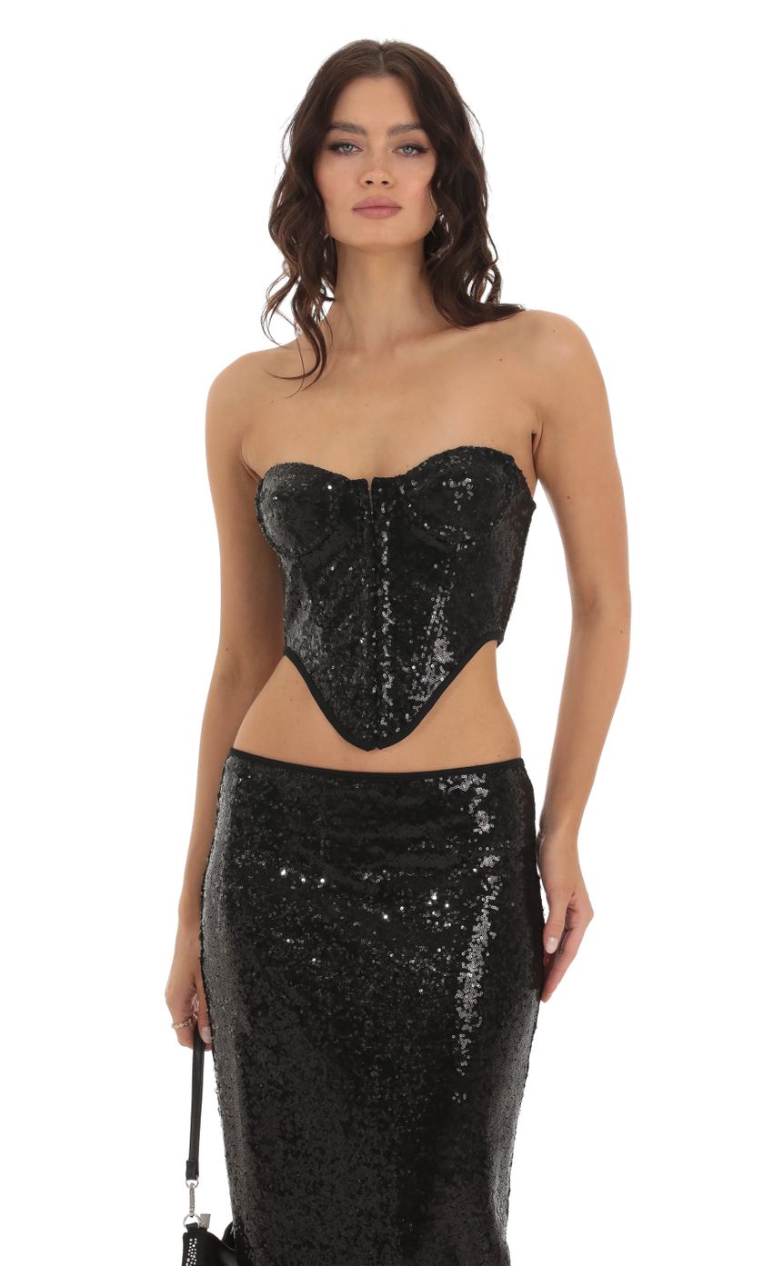 Picture Nilakanta Sequin Corset Two Piece Set in Black. Source: https://media-img.lucyinthesky.com/data/Aug23/850xAUTO/33ecfeca-0d77-4bdd-8f9a-432721fd6139.jpg