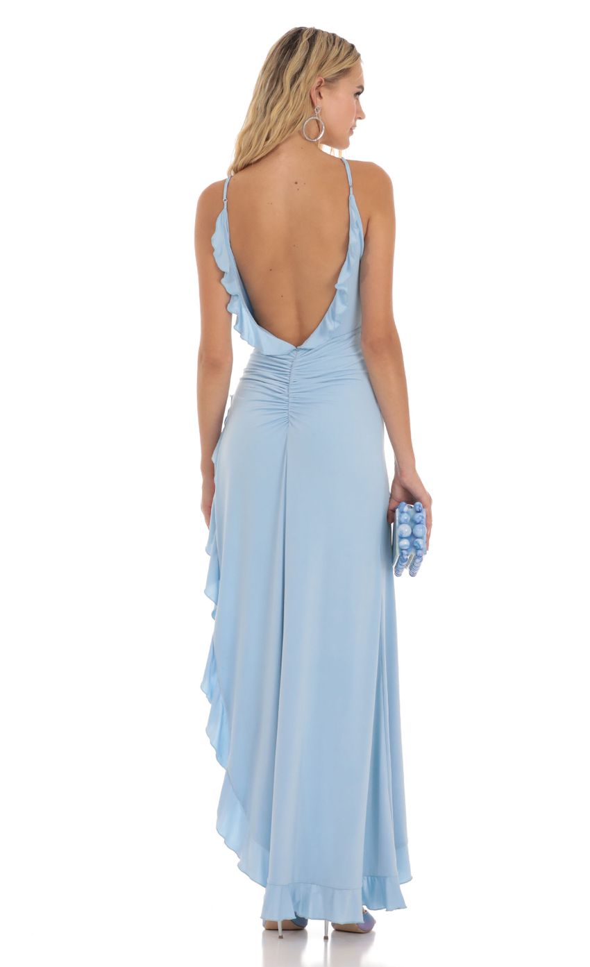 Picture Ruffle Open Back Dress in Blue. Source: https://media-img.lucyinthesky.com/data/Aug23/850xAUTO/3fa88761-f769-4e09-959f-742c534247e5.jpg