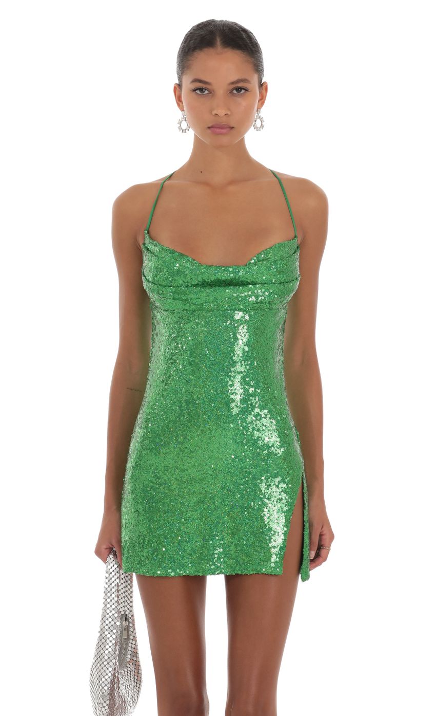 Picture Sequin Side Slit Dress in Green. Source: https://media-img.lucyinthesky.com/data/Aug23/850xAUTO/41cf6475-c7e3-44b3-9b48-556a08473a7d.jpg