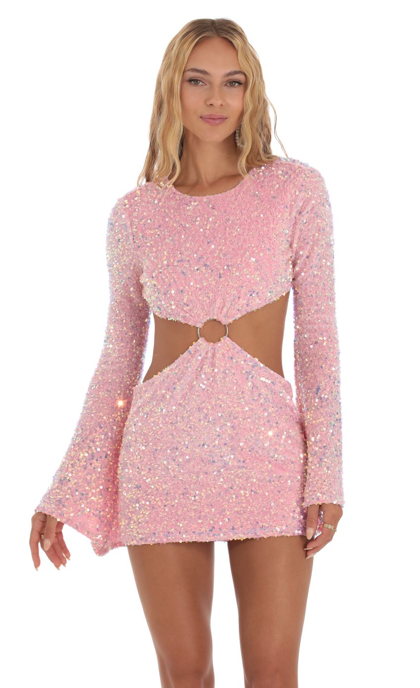 Picture Velvet Sequin Cutout Dress in Pink. Source: https://media-img.lucyinthesky.com/data/Aug23/850xAUTO/486bd941-78ac-4aa5-a65f-bef384dbac20.jpg
