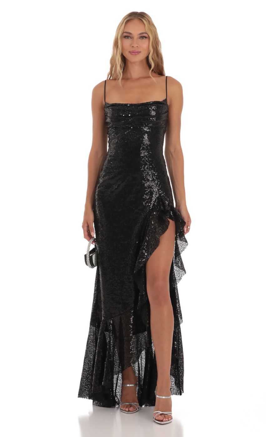 Picture Sequin Ruffle Dress in Black. Source: https://media-img.lucyinthesky.com/data/Aug23/850xAUTO/6c3d9ccb-4c62-41d2-926d-86e05434a2ff.jpg