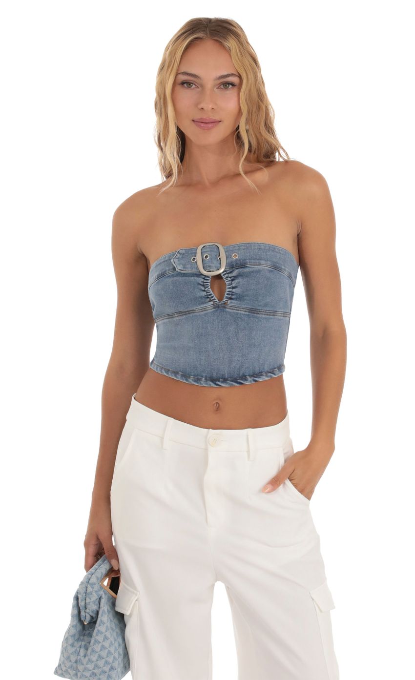 Product image for Evaki Strapless Buckle Top in Denim