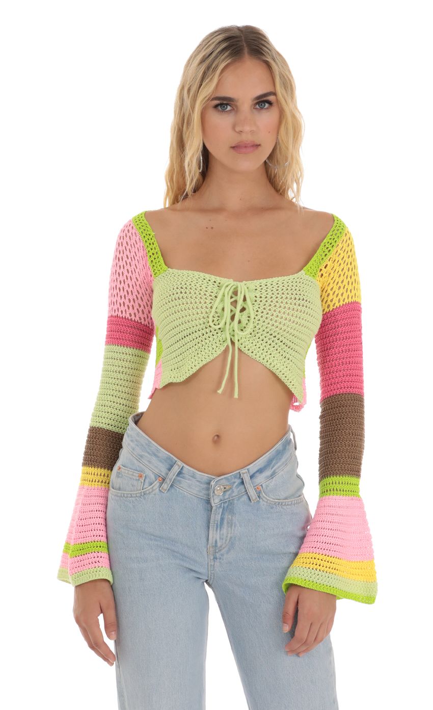 Picture Crochet Bell Sleeve Top in Multi Color. Source: https://media-img.lucyinthesky.com/data/Aug23/850xAUTO/7e6a7a0a-2e7f-4040-9a40-833f2755b710.jpg