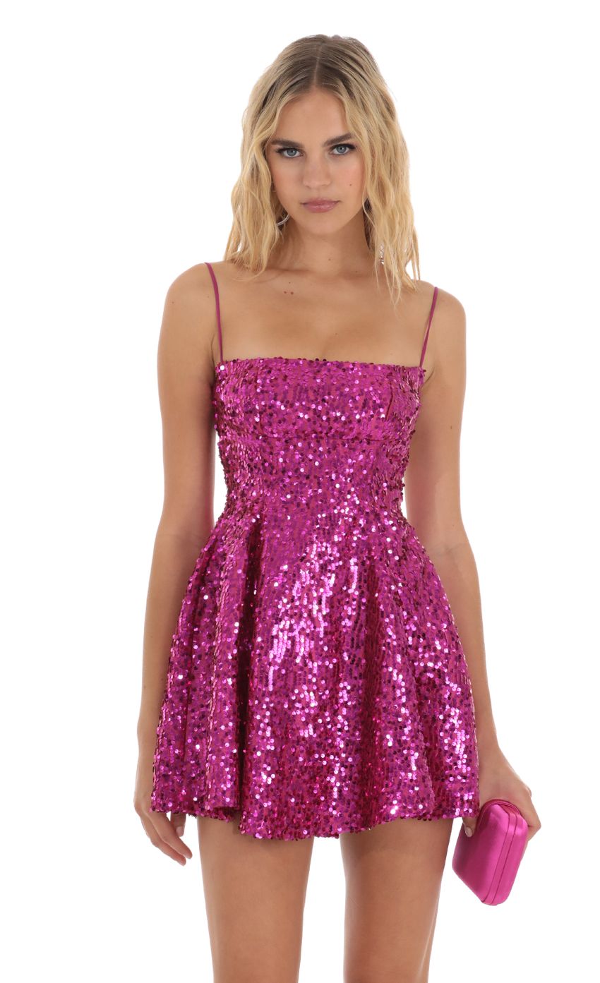 Picture Sheyla Sequin Flare Dress in Pink. Source: https://media-img.lucyinthesky.com/data/Aug23/850xAUTO/85a7b282-80e7-4d9a-9101-01796a67a794.jpg