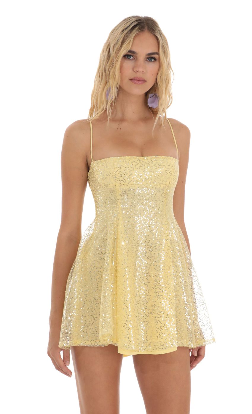 Picture Sequin Flare Dress in Yellow. Source: https://media-img.lucyinthesky.com/data/Aug23/850xAUTO/8eec2856-3bf3-4221-aa30-f624585269a8.jpg