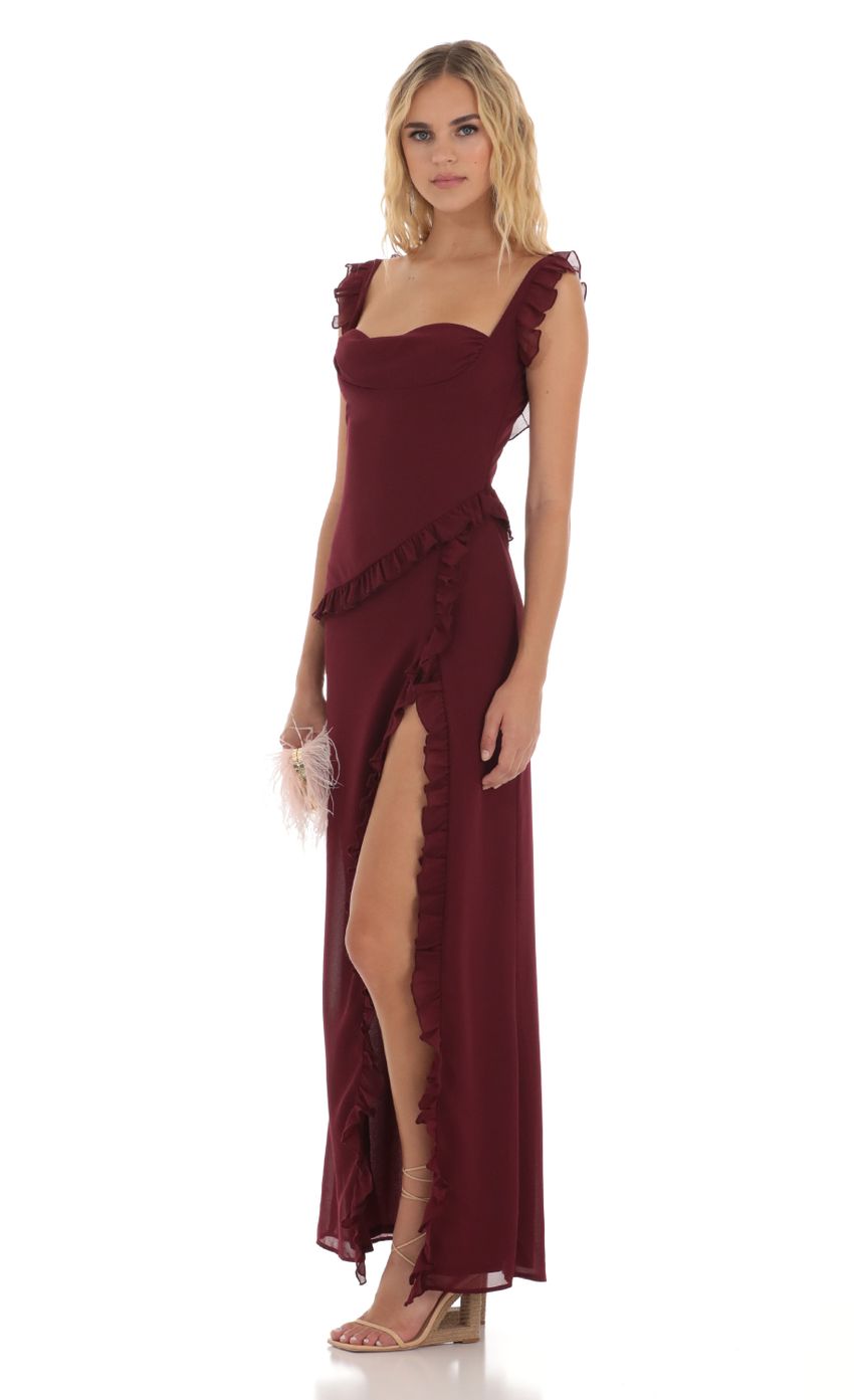 Picture Kofi Ruffle Dress in Maroon. Source: https://media-img.lucyinthesky.com/data/Aug23/850xAUTO/977b9003-5a19-48a8-bc32-dade29f203a5.jpg