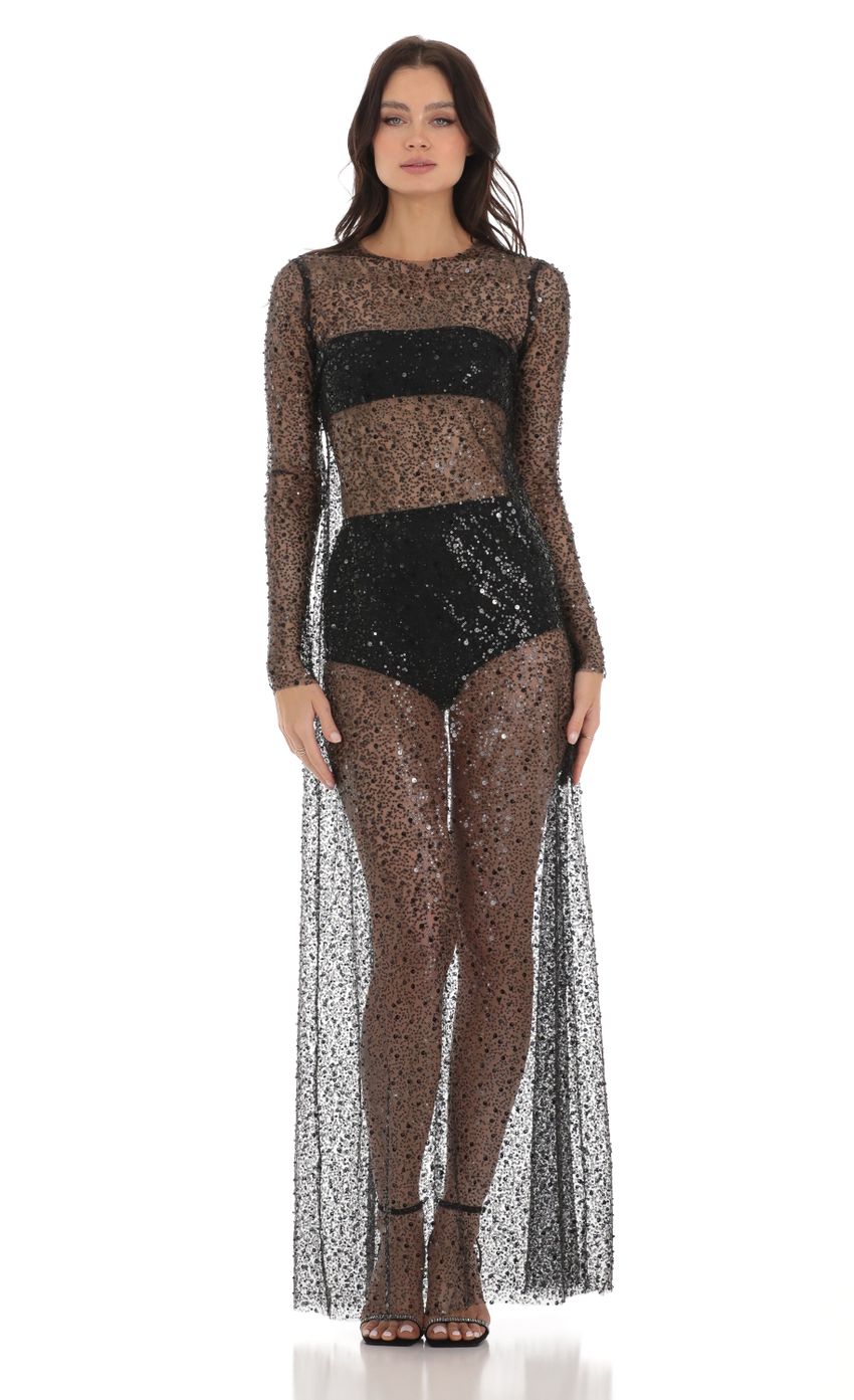 Picture Sequin Mesh Dress in Black. Source: https://media-img.lucyinthesky.com/data/Aug23/850xAUTO/ac4d3f64-c565-4c97-895c-823bba9bf413.jpg