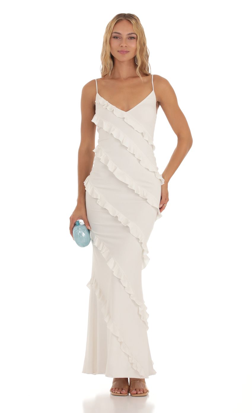 Picture Shimmer Ruffle Maxi Dress in White. Source: https://media-img.lucyinthesky.com/data/Aug23/850xAUTO/b2eff1b1-0092-47ea-bf5e-6168229b4b2f.jpg