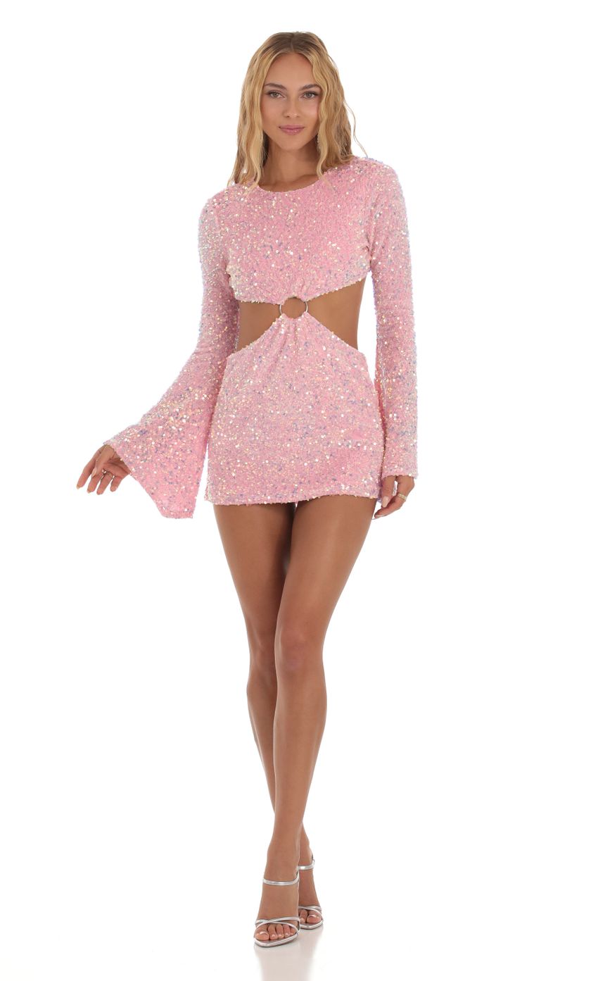 Picture Velvet Sequin Cutout Dress in Pink. Source: https://media-img.lucyinthesky.com/data/Aug23/850xAUTO/bd8de48e-a93d-45f4-a221-032bf4e97bc0.jpg