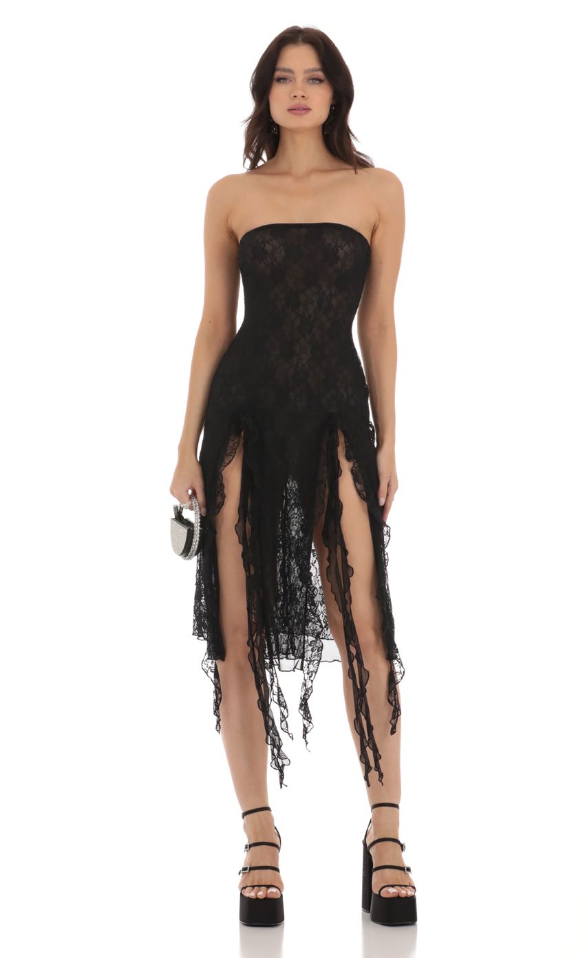 Picture Zola Lace Ruffle Slit Dress in Black. Source: https://media-img.lucyinthesky.com/data/Aug23/850xAUTO/c9dff547-0188-43c6-9e9b-82eb0e35d330.jpg