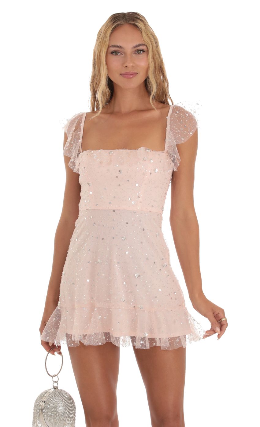 Picture Celosia Sequin Shimmer Ruffle Dress in Pink. Source: https://media-img.lucyinthesky.com/data/Aug23/850xAUTO/d2f93e21-2121-4d6a-b9be-3abe4c6ff80d.jpg