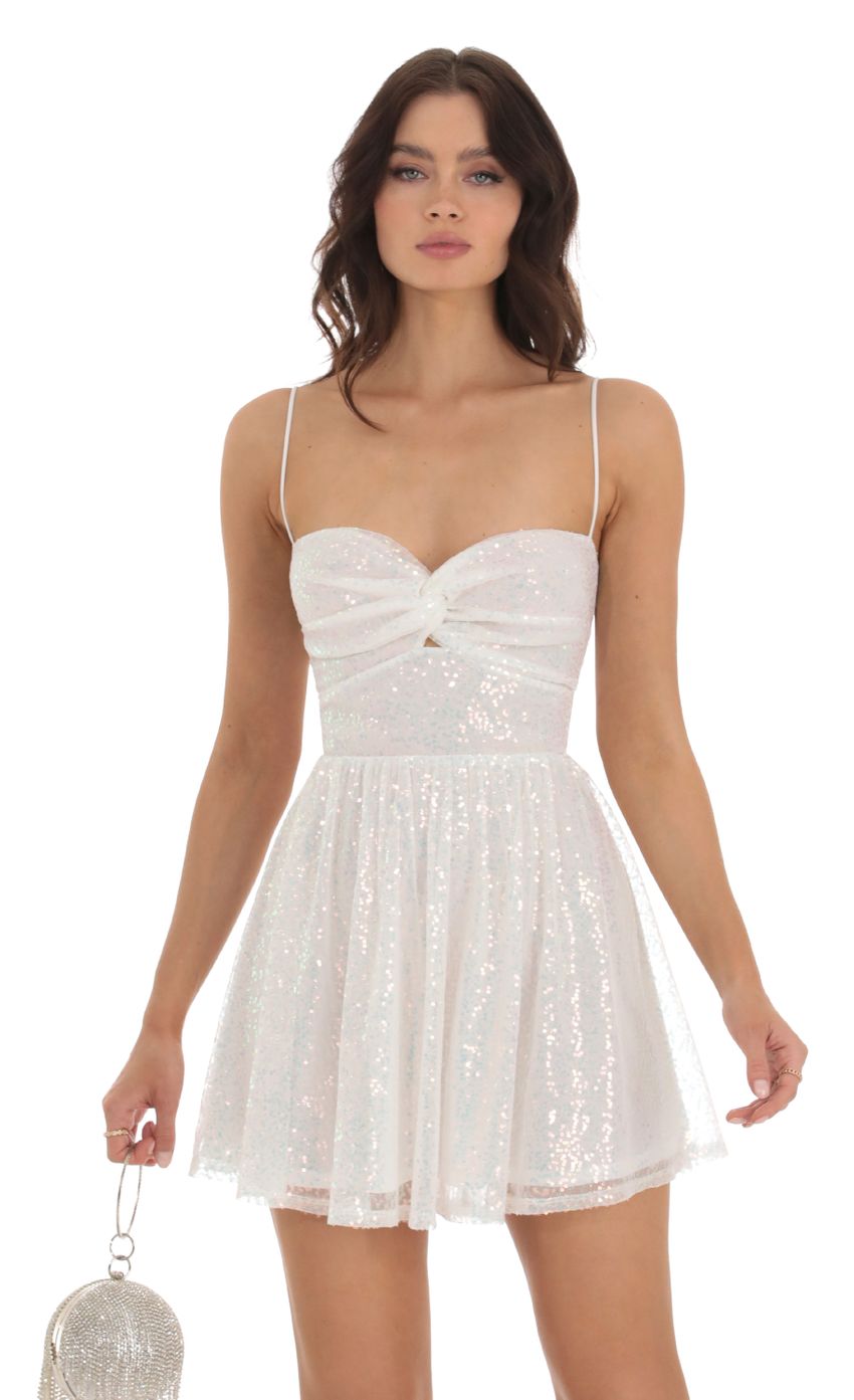 Picture Iridescent Sequin Twist Dress in White. Source: https://media-img.lucyinthesky.com/data/Aug23/850xAUTO/d3eeac9b-9949-42e7-810c-2d32445327e4.jpg