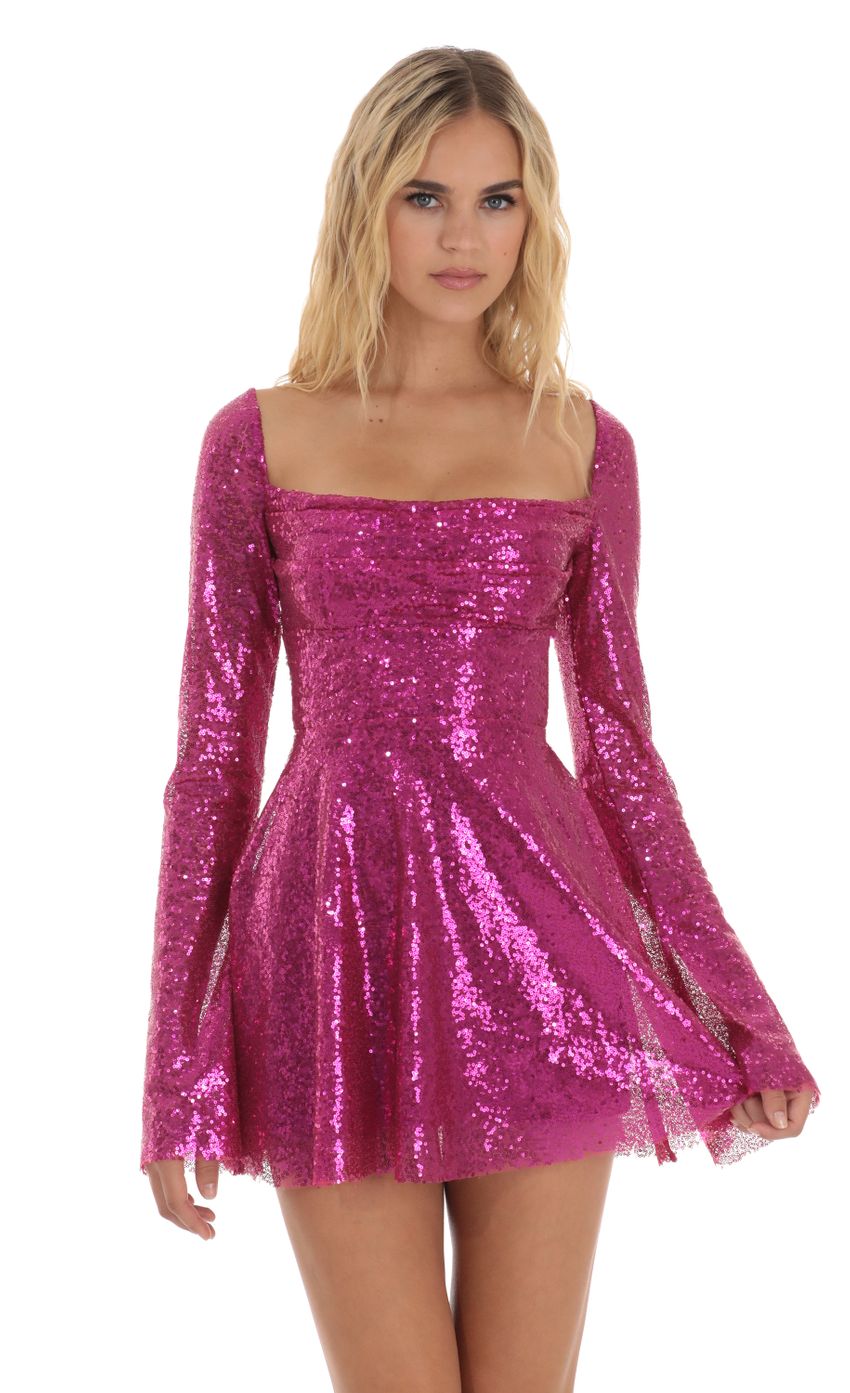 Picture Sequin Flare Dress in Pink. Source: https://media-img.lucyinthesky.com/data/Aug23/850xAUTO/d6b5cadd-b641-40bc-b0f2-38156eefd23b.jpg
