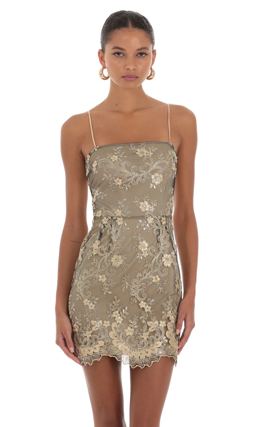 Picture Moira Floral Embroidered Dress in Gold. Source: https://media-img.lucyinthesky.com/data/Aug23/850xAUTO/de15d46d-458b-4545-90e4-fd06bcc4822b.jpg