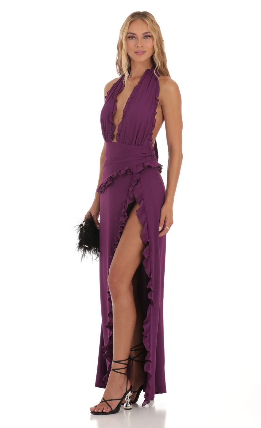 Picture Rhea Plunge Neck Halter Dress in Purple. Source: https://media-img.lucyinthesky.com/data/Aug23/850xAUTO/f2f17504-da9b-4b1d-b4ea-ea59b51c4654.jpg