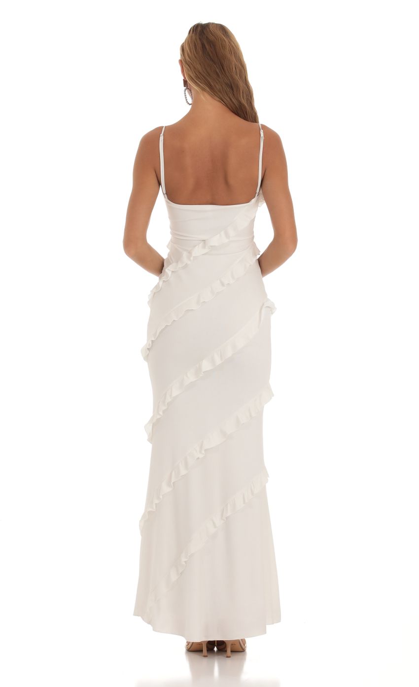 Picture Shimmer Ruffle Maxi Dress in White. Source: https://media-img.lucyinthesky.com/data/Aug23/850xAUTO/f7b69bce-bccc-4be1-8977-9e1c801acb3c.jpg