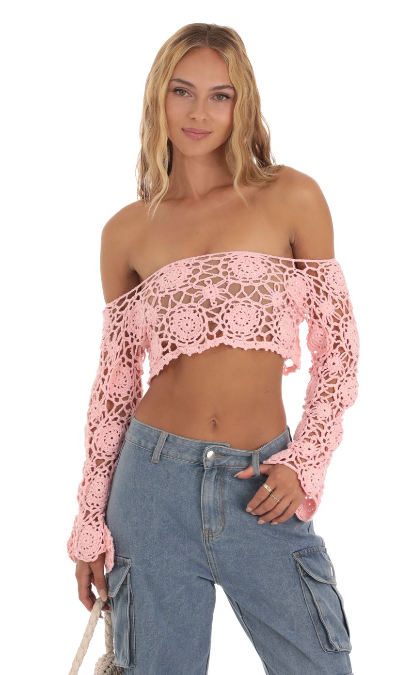Picture Crochet Off Shoulder Two Piece Bikini Set in Pink. Source: https://media-img.lucyinthesky.com/data/Aug23/850xAUTO/f9cd6dcb-d608-4d1c-9481-8c1eb3c0724c.jpg