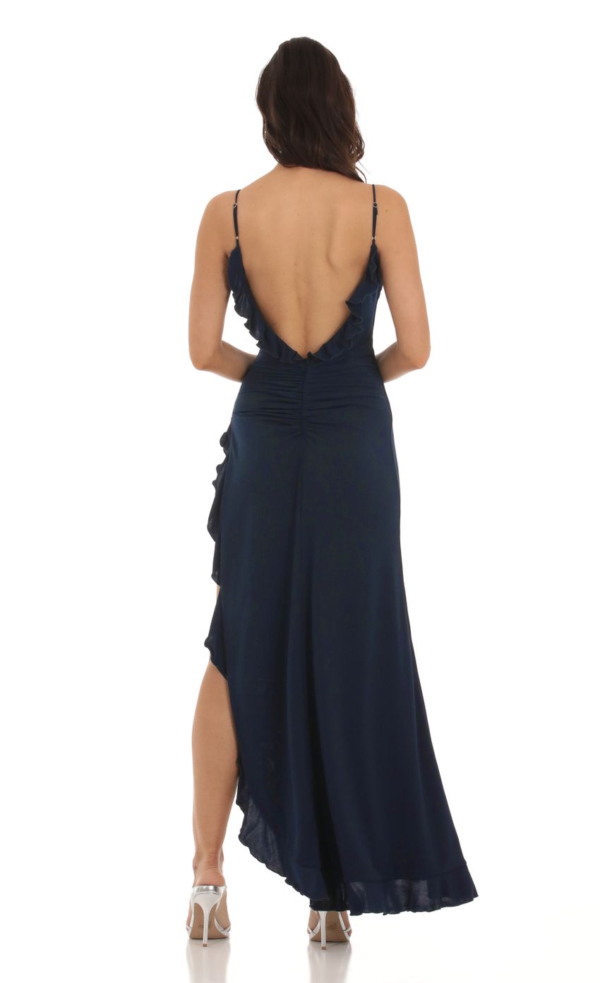 Picture Althea Ruffle Open Back Dress in Navy. Source: https://media-img.lucyinthesky.com/data/Aug23/850xAUTO/fe18776e-107f-40c0-9cd4-234102ca4690.jpg