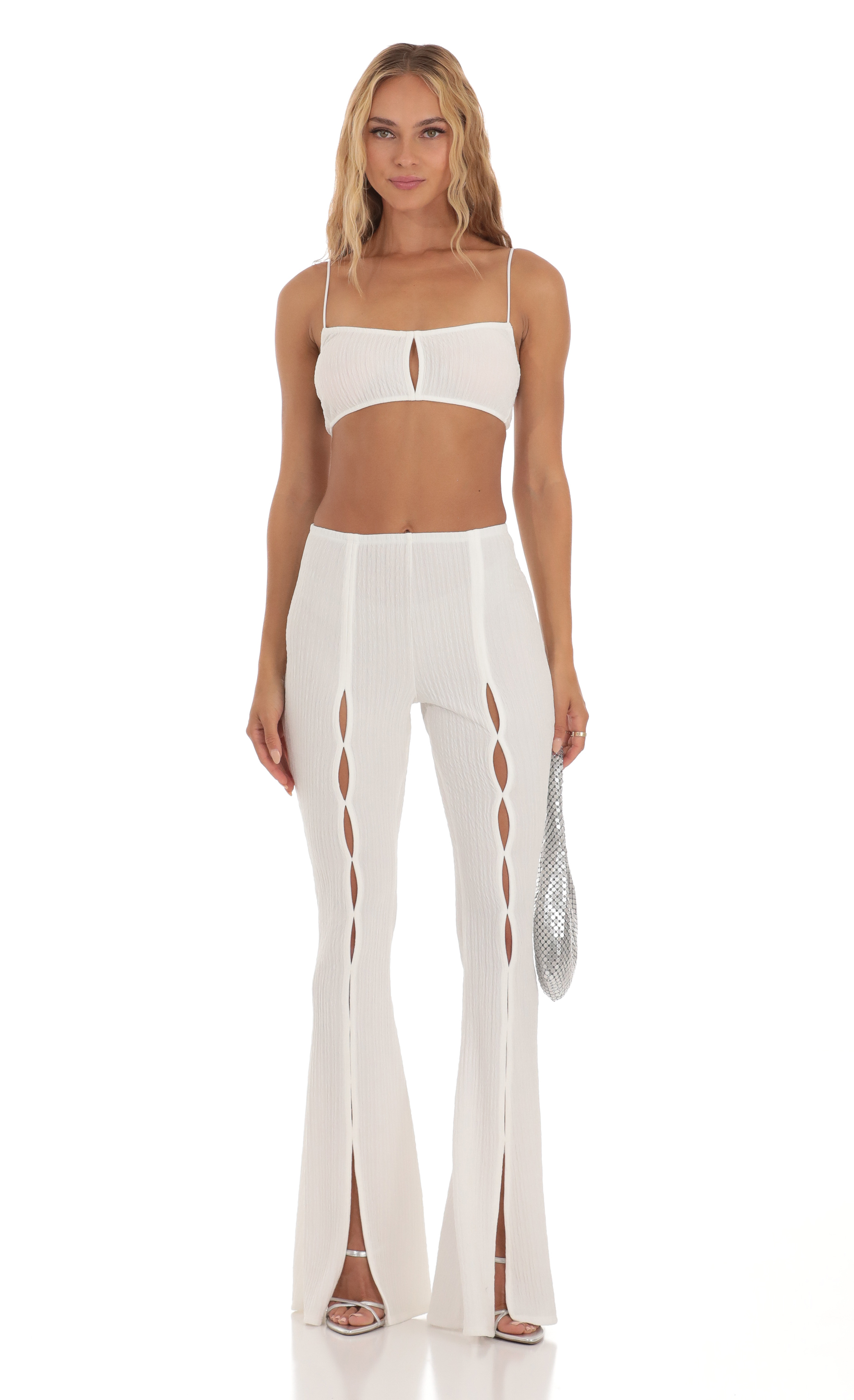 Soul Sequin Two Piece Pant Set in White