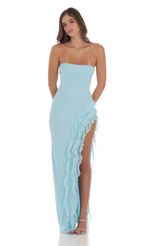 Picture Mesh Strapless Triple Ruffle Maxi Dress in Blue. Source: https://media-img.lucyinthesky.com/data/Aug24/150xAUTO/0f629b94-54da-4a93-9a0a-50f07f72d912.jpg