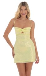 Picture Sequin Front Twist Bodycon Dress in Yellow. Source: https://media-img.lucyinthesky.com/data/Aug24/150xAUTO/1a93a1ae-ad83-432e-b167-46899961802d.jpg