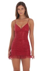 Picture Sequin Ruched Bodycon Dress in Red. Source: https://media-img.lucyinthesky.com/data/Aug24/150xAUTO/247c0173-747d-46c2-8ea2-e7f990715976.jpg