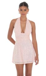 Picture Sequin Halter Dress in Pink. Source: https://media-img.lucyinthesky.com/data/Aug24/150xAUTO/33425b6f-9a27-4681-8a69-930690eb5117.jpg