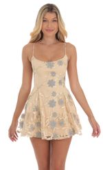 Picture Sequin Floral Mini Dress in Cream. Source: https://media-img.lucyinthesky.com/data/Aug24/150xAUTO/4b72dbad-6477-4631-82c3-0cc35d9ab000.jpg