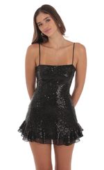 Picture Sequin Ruffle Dress in Black. Source: https://media-img.lucyinthesky.com/data/Aug24/150xAUTO/61a31f38-6665-4a51-8996-fcdfd9f44aa8.jpg