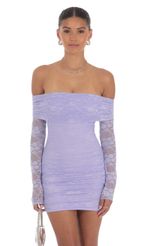 Picture Off Shoulder Long Sleeve Lace Dress in Lavender. Source: https://media-img.lucyinthesky.com/data/Aug24/150xAUTO/7fa199ec-6fff-4783-a30a-2218d532050b.jpg