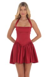 Picture Satin Halter A-line Dress in Red. Source: https://media-img.lucyinthesky.com/data/Aug24/150xAUTO/b1496501-8c8f-496e-bbf4-d422826fc1d7.jpg