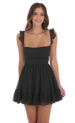 Picture Shimmer Striped Fit and Flare Dress in Black. Source: https://media-img.lucyinthesky.com/data/Aug24/150xAUTO/bb8c0410-6b4a-4abc-92e1-06dbd94e49c9.jpg