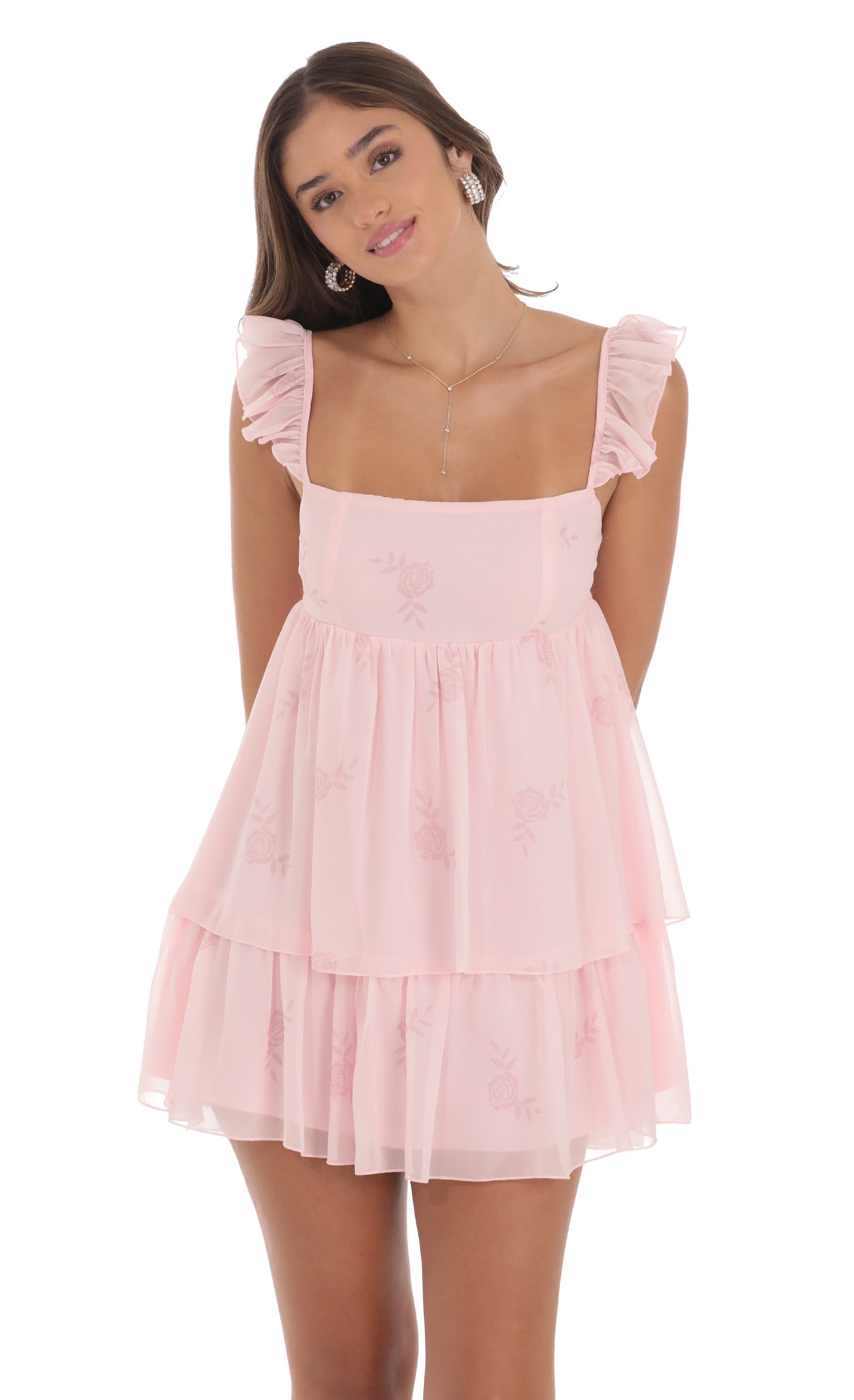 Floral Chiffon Ruffle Dress in Pink