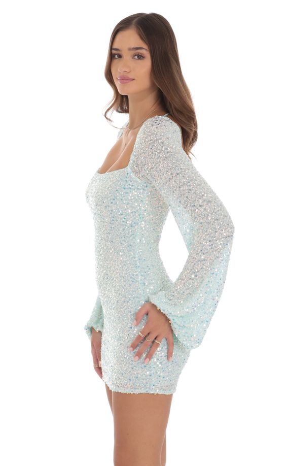 Sequin Long Sleeve Dress in Aqua Blue