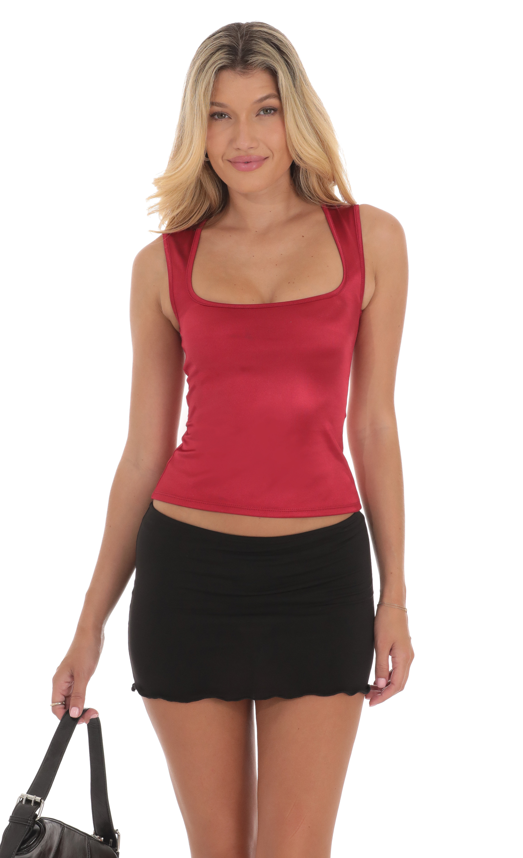 Satin Square Neck Top in Red