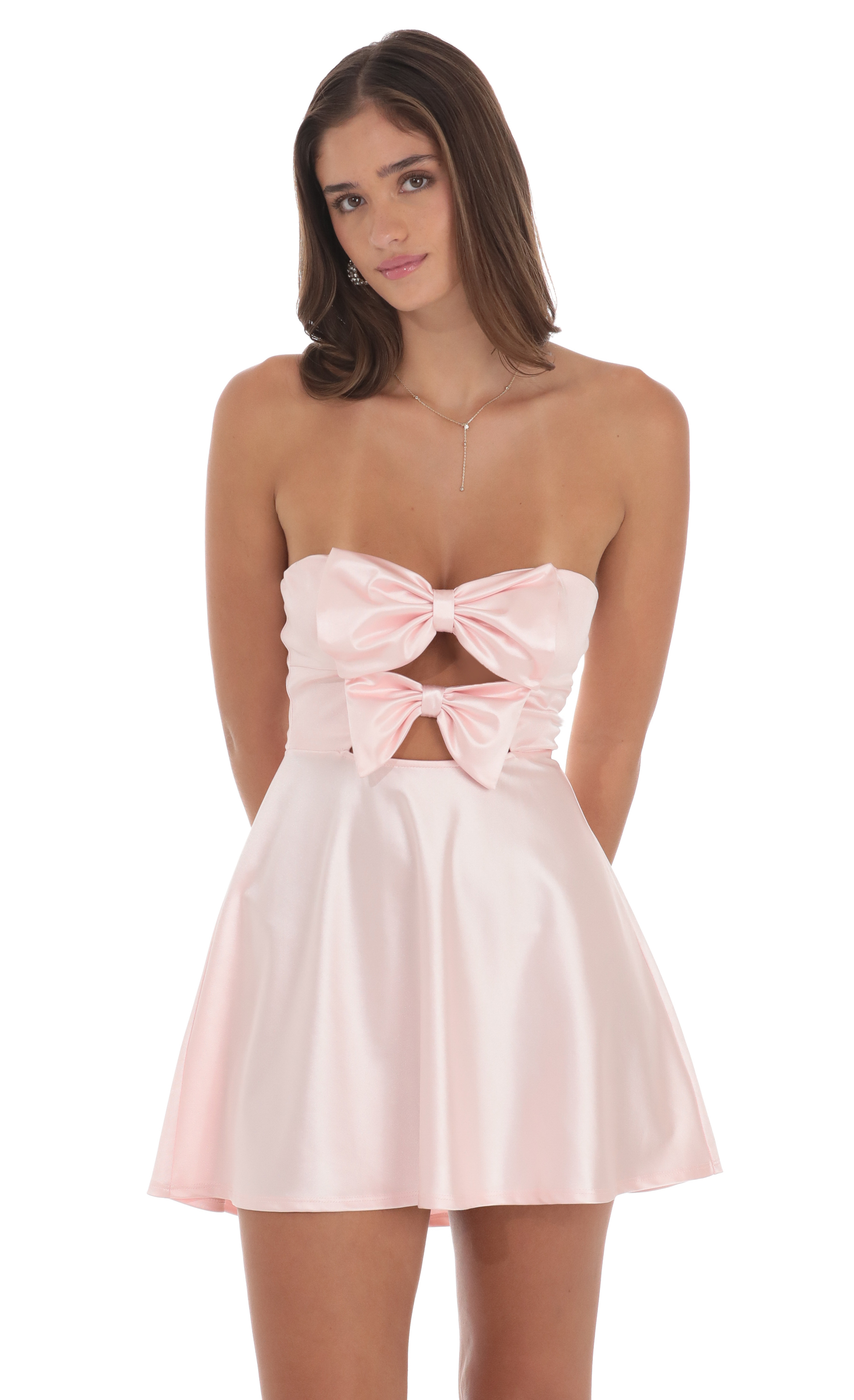 Satin Double Bow Cutout Dress in Pink