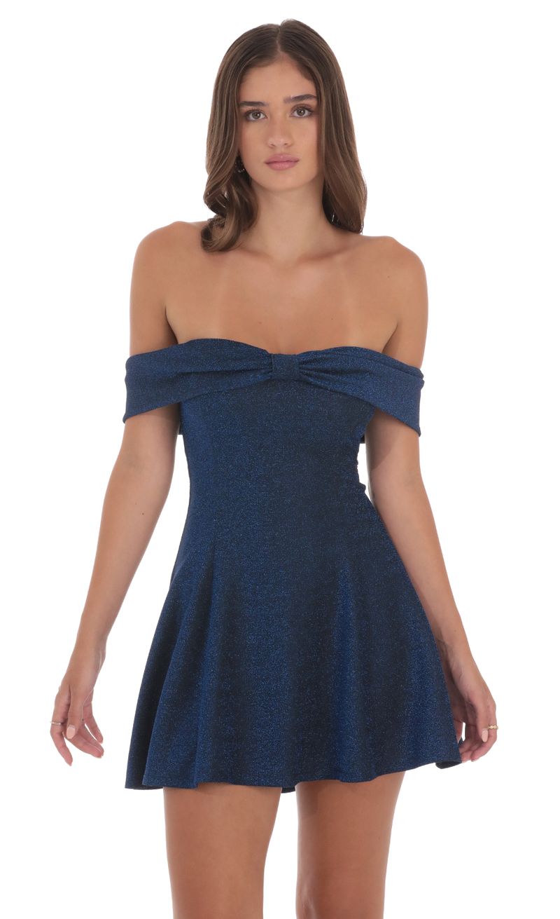 Blue Shimmer Front Bow Off Shoulder Dress in Black | LUCY IN THE SKY