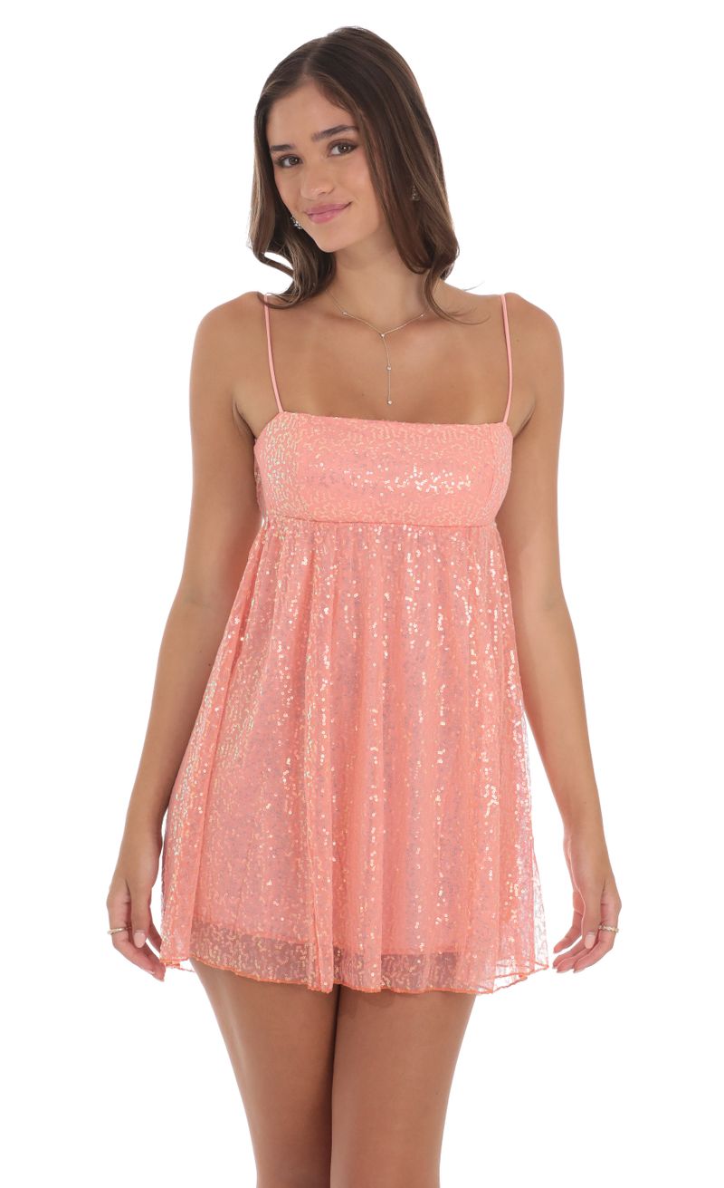 Sequin Mesh Babydoll Dress in Coral | LUCY IN THE SKY Sequin Mesh Babydoll Dress in Coral | LUCY IN THE SKY