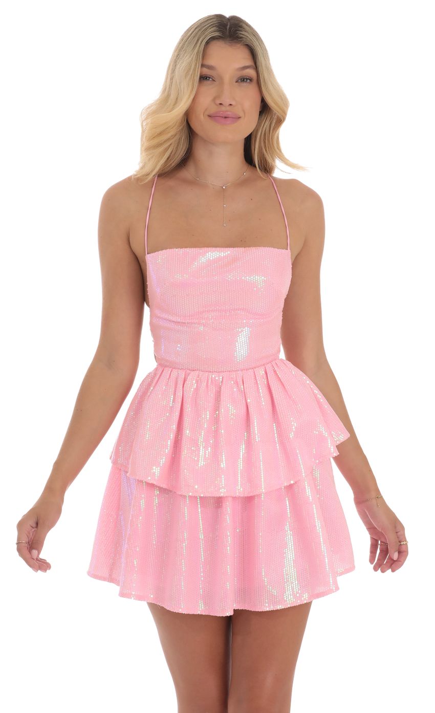 Picture Sequin Lace Up Dress in Pink. Source: https://media-img.lucyinthesky.com/data/Aug24/850xAUTO/07a0fc8f-80bf-40e0-b2e9-cd5a3096216b.jpg