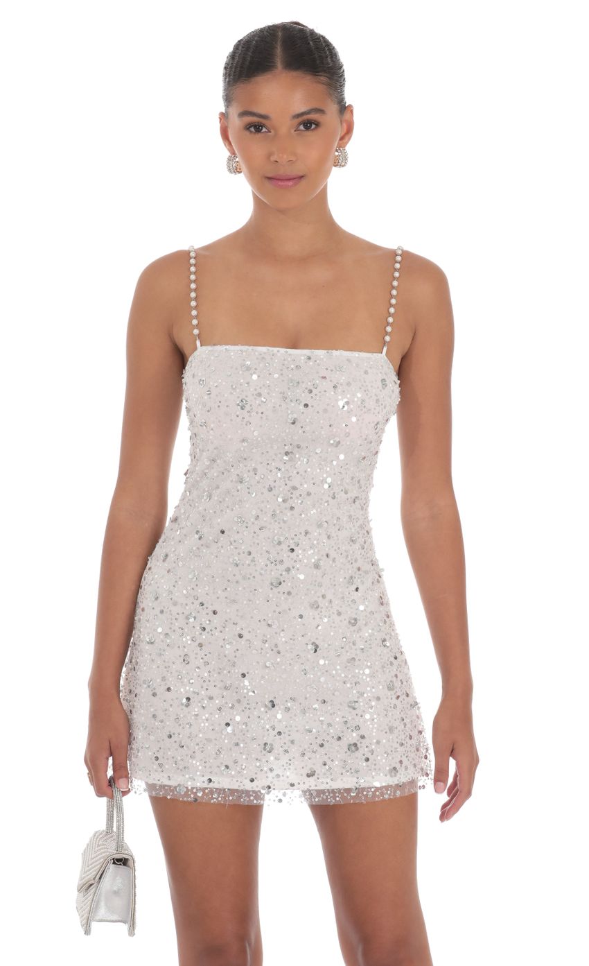 Picture Pearl Strap Sequin Dress in White. Source: https://media-img.lucyinthesky.com/data/Aug24/850xAUTO/092f4d43-95de-4aaf-97b0-3664ea463692.jpg