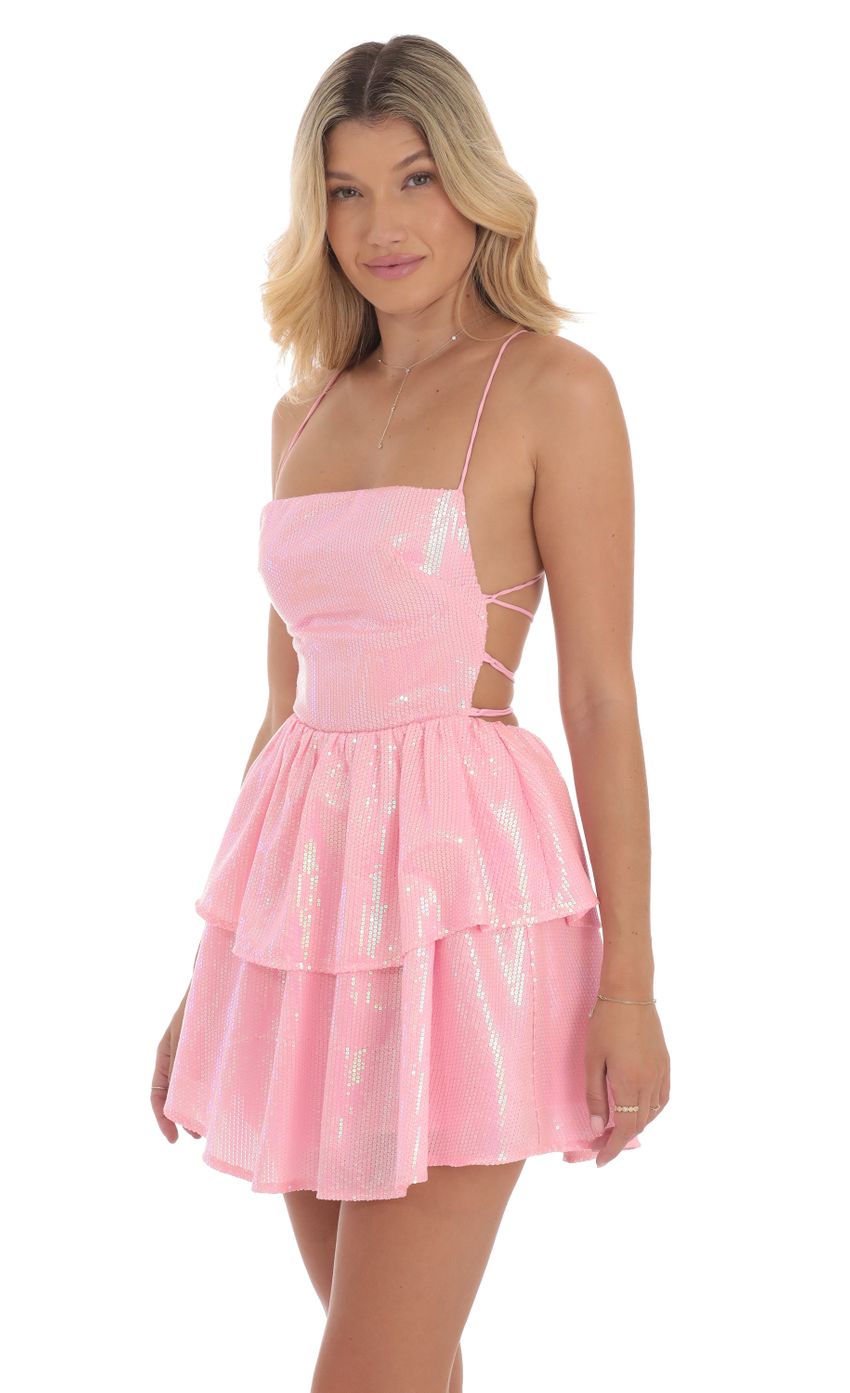 Picture Sequin Lace Up Dress in Pink. Source: https://media-img.lucyinthesky.com/data/Aug24/850xAUTO/10da3151-83e6-46ed-ba74-65c8dfeeb3c4.jpg