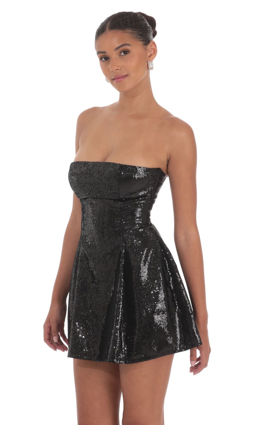 Picture Sequin Strapless Fit and Flare Dress in Black. Source: https://media-img.lucyinthesky.com/data/Aug24/850xAUTO/1da0746d-1f37-4c60-85f9-0a5d6d820ffc.jpg