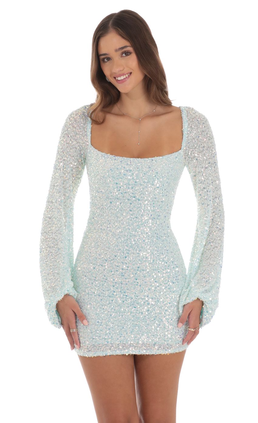 Picture Sequin Long Sleeve Dress in Aqua Blue. Source: https://media-img.lucyinthesky.com/data/Aug24/850xAUTO/2237963f-e3fa-4e4a-bc08-4c0b375a1df4.jpg