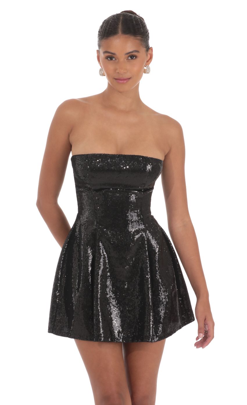 Picture Sequin Strapless Fit and Flare Dress in Black. Source: https://media-img.lucyinthesky.com/data/Aug24/850xAUTO/2969c7e8-e86d-4d5f-925c-c9e0d9ff10e6.jpg