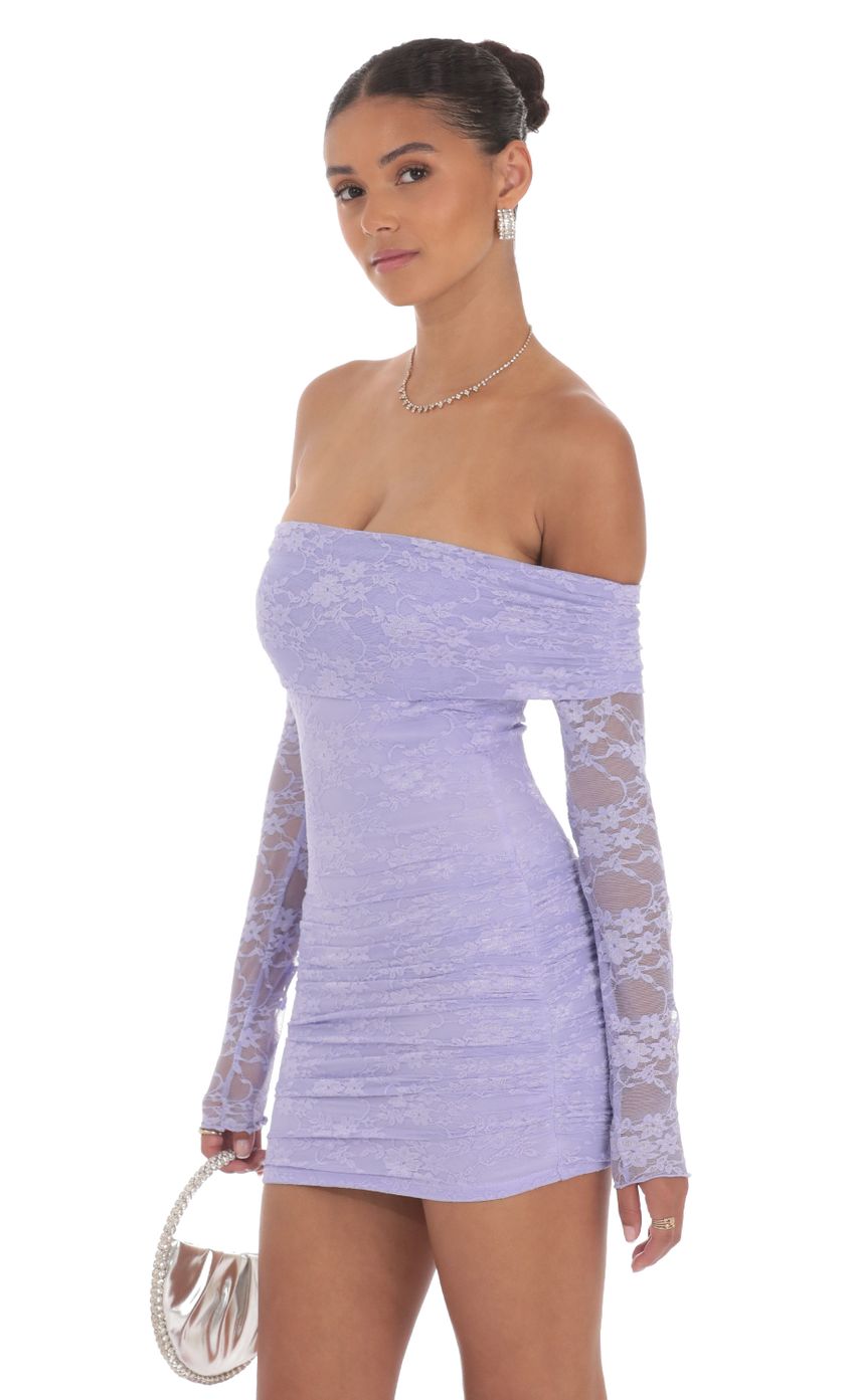 Picture Off Shoulder Long Sleeve Lace Dress in Lavender. Source: https://media-img.lucyinthesky.com/data/Aug24/850xAUTO/323d949e-6812-4d95-9207-fa77f1e32dd0.jpg