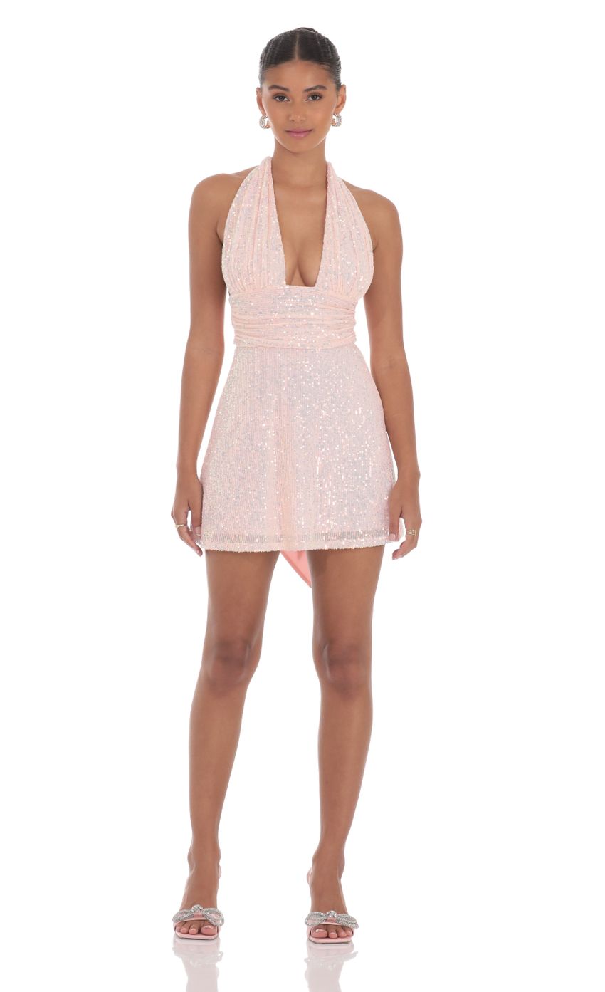 Picture Sequin Halter Dress in Pink. Source: https://media-img.lucyinthesky.com/data/Aug24/850xAUTO/3b6c3e1d-43da-4cd0-b4b7-6702b9570a7e.jpg