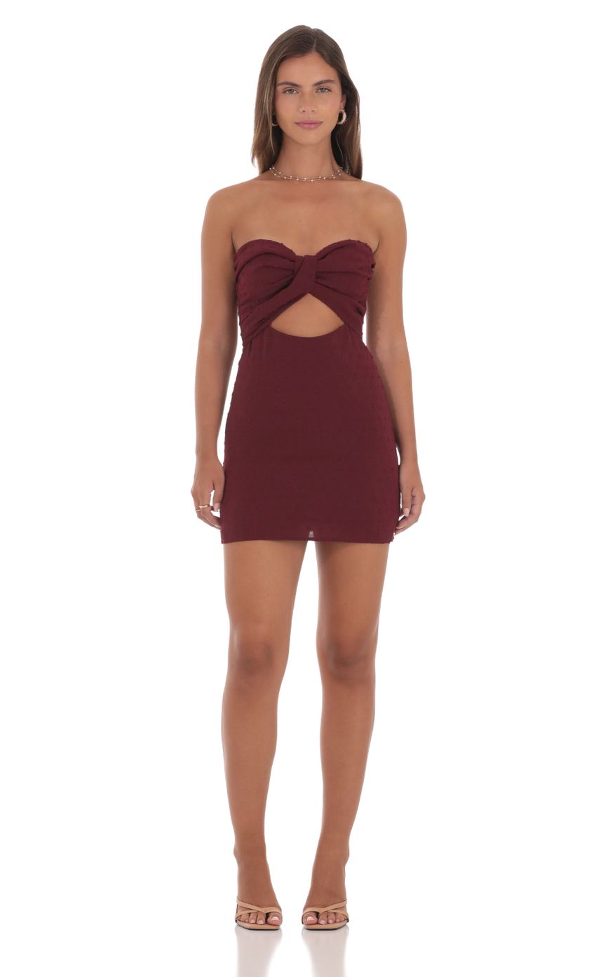 Picture Dotted Strapless Cutout Dress in Burgundy. Source: https://media-img.lucyinthesky.com/data/Aug24/850xAUTO/4659c85a-bc3c-4a73-a8ff-63cf70e5d109.jpg