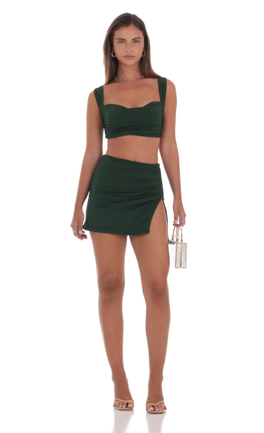 Picture Ruched Two Piece Skirt Set in Green. Source: https://media-img.lucyinthesky.com/data/Aug24/850xAUTO/47329a29-2dc8-4d29-91e2-85c9ff122bf9.jpg