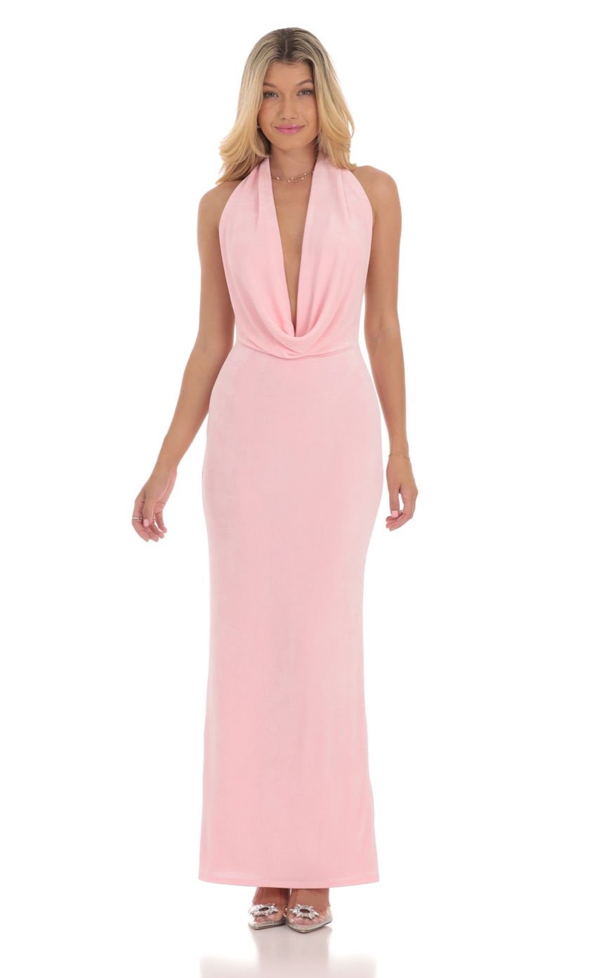 Picture Plunge Cowl Neck Maxi Dress in Pink. Source: https://media-img.lucyinthesky.com/data/Aug24/850xAUTO/5233badf-8126-474e-9a71-c9abd85eb55d.jpg