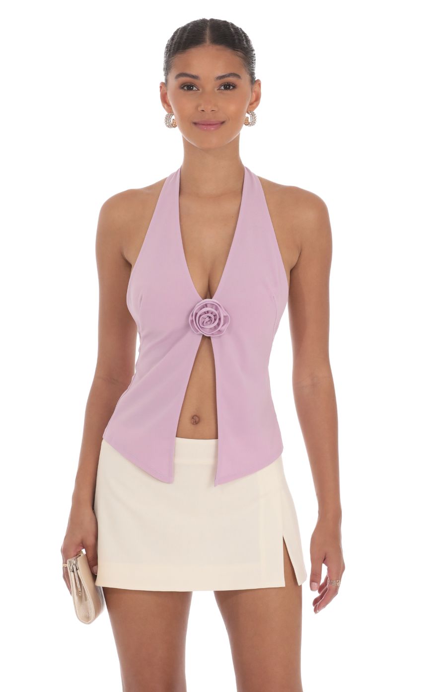 Picture Flower Plunge Neck Top in Lilac. Source: https://media-img.lucyinthesky.com/data/Aug24/850xAUTO/56785533-fdb8-4f92-8f1c-6ab28df8621d.jpg